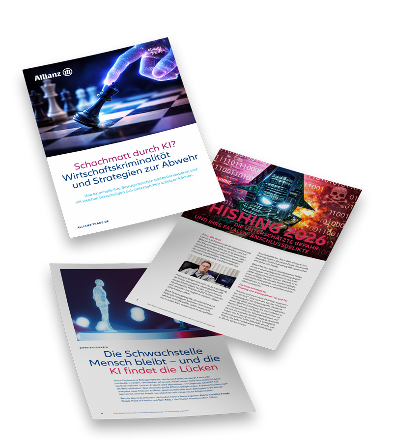 Papierstapel mit Vorschau des Ratgebers "Schachmatt durch KI?" von Allianz Trade