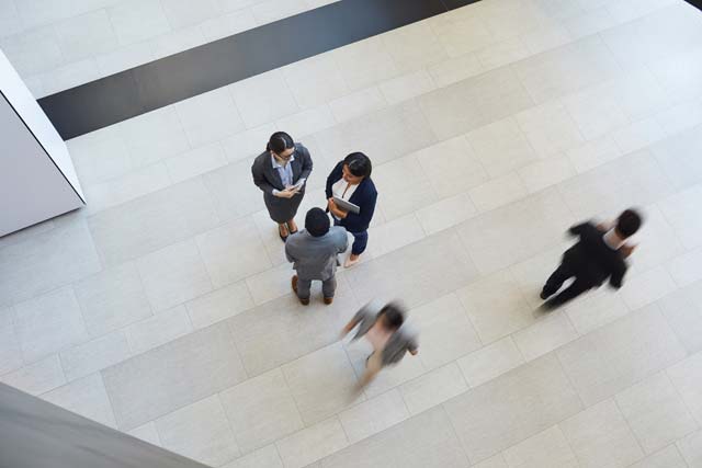 people in the office lobby