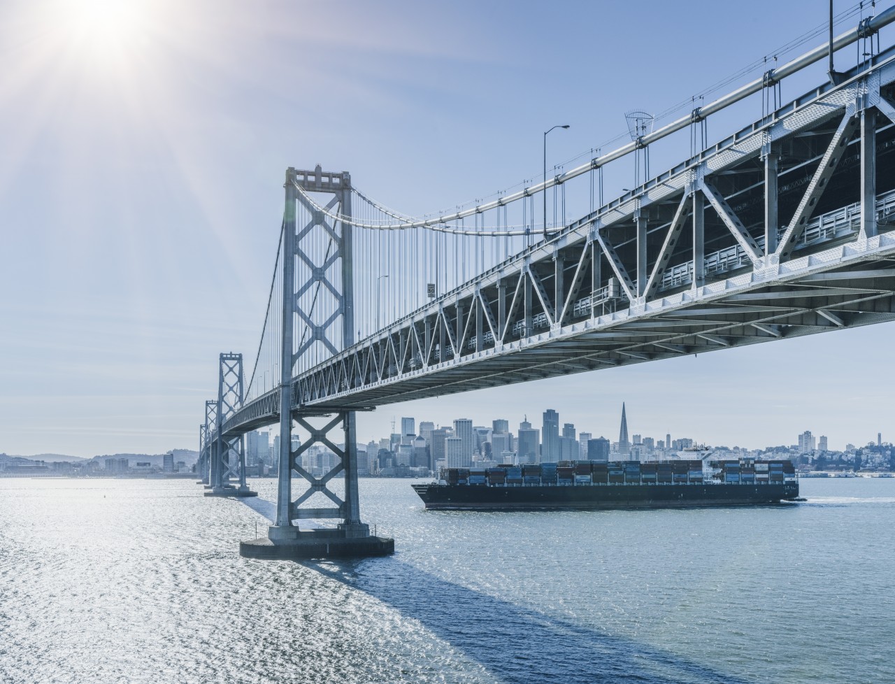 bridge with cargo ship under it