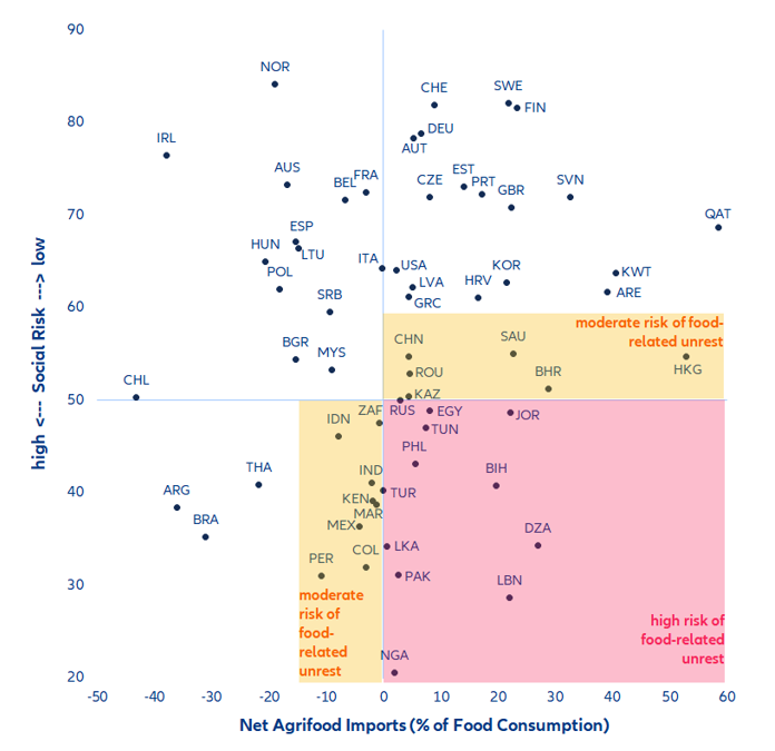 Figure 6: Net food imports as a percentage of food consumption (2016-2020) and Social Risk Index (2021)