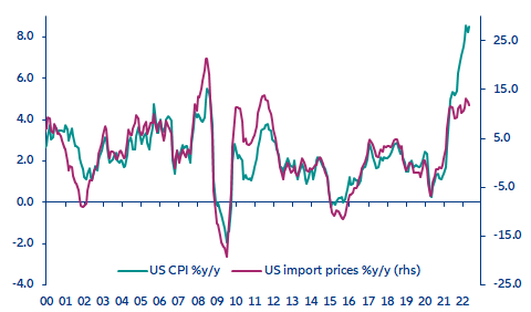 Figure 4: US import prices and inflation (%y/y)
