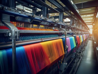 Grande telaio industriale utilizzato per la filatura di tessuti colorati