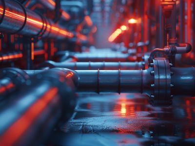 Grandi tubature di metallo all'interno di un impianto industriale