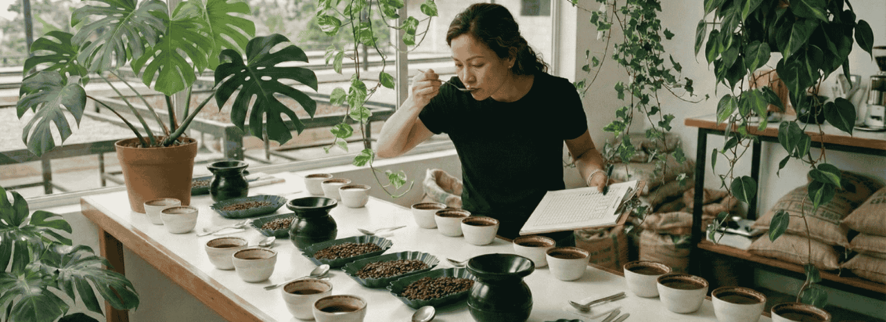 Um produtor de cafe a provar o cafe